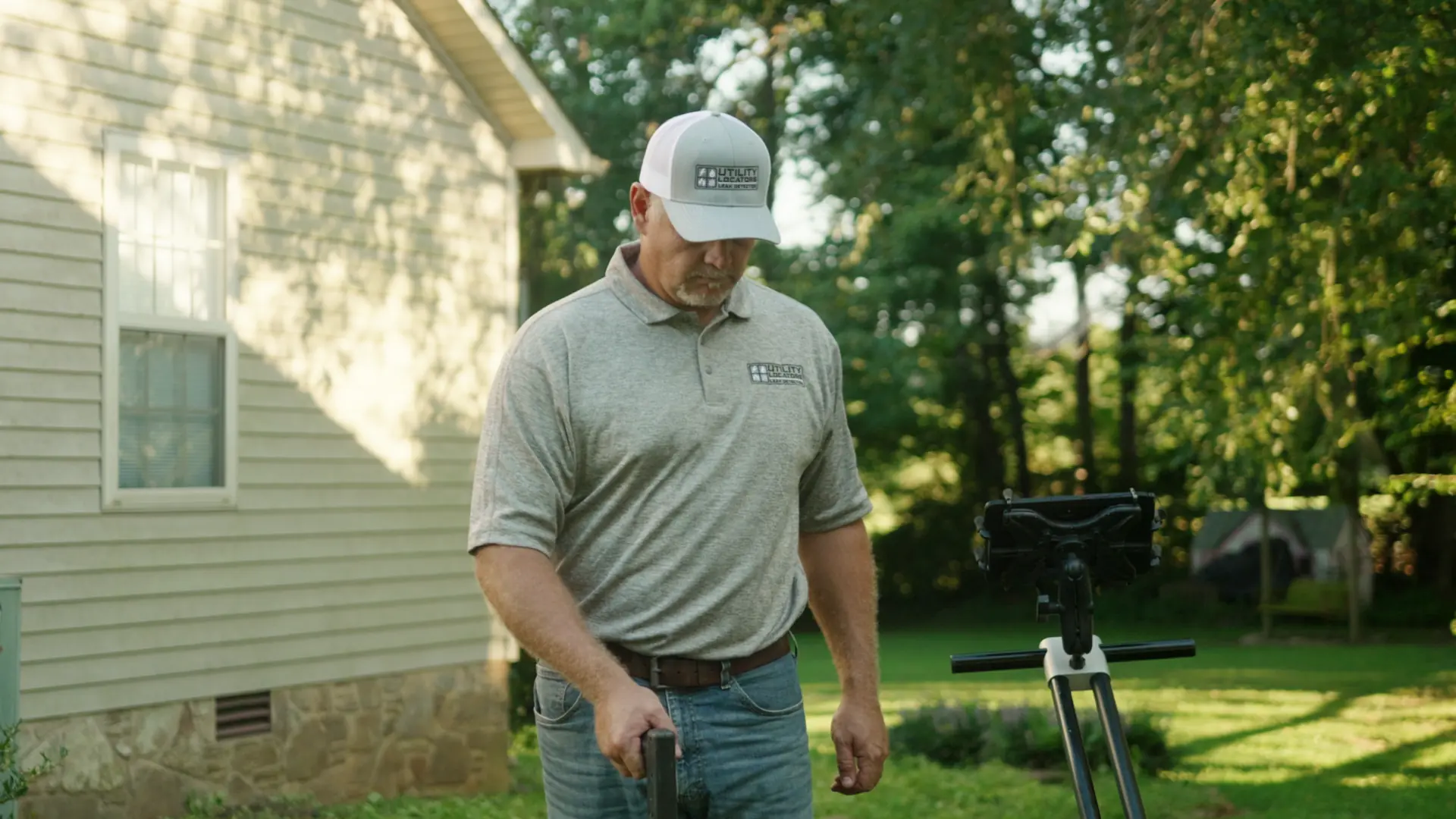 Utility locator technician scanning a residential backyard with ground-penetrating radar before a dig project